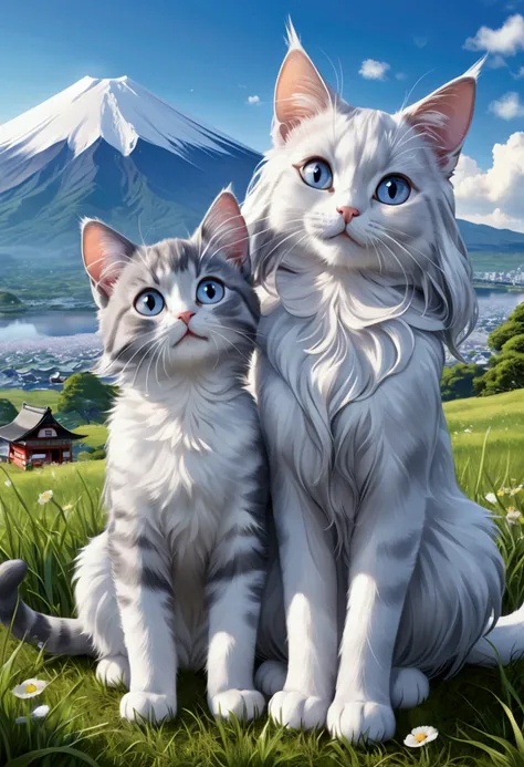 Smiling cat with clothes 、 photorealistic、Personified２Cats、Bushy 、 Long Haired Silver Breed 、 super detailed graphics、 magazine cover 、Two kittens in 、 top quality、 Ultra High Definition、 super high resolution、８k、grassland、Mount Fuji、 Fantasy Masterpiece