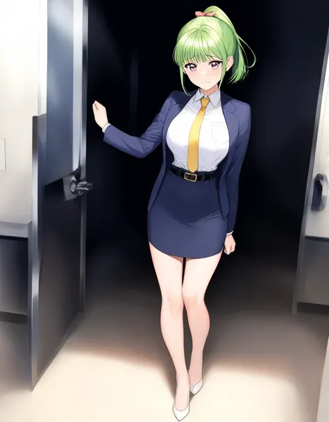 masterpiece、 top quality、Good quality、、Misuke Iijima、。OL,woman、 green hair、 ponytail、 sad face、 full body style that reflects your whole body、 normal breasts、 narrow waist 、Bare legs、 in a suit、 navy blue jacket ,襟付き shirt, shirt, yellow tie ,belt,,  Navy ...