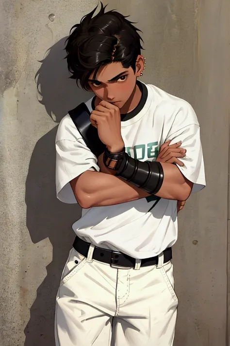  15-year-old Mexican boy , delgado, Marcado Atlético ,  black hair,  brown eyes, white shirt, blue pants, Converse black  ,  sneakers with ear piercing and leather wristbands of 1.70