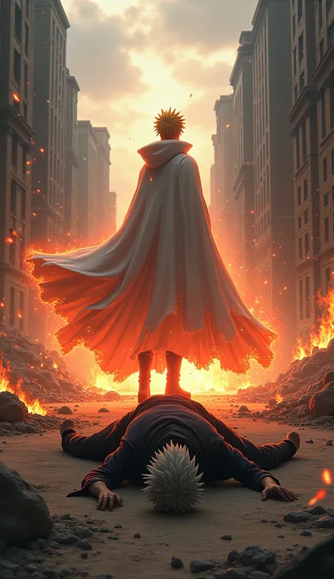 In the ruins of Soul Society, Naruto stands victorious, his Rasenshuriken dissipating into glowing embers. Aizen, in his final transformation, lies on the ground, his blade shattered. Naruto’s cloak of energy swirls as he surveys the wreckage of the battle...