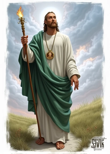 Darkened sky ,  image of Saint Jude , white tunic,  small flame on the head , staff,  medal with the face of Jesus. 