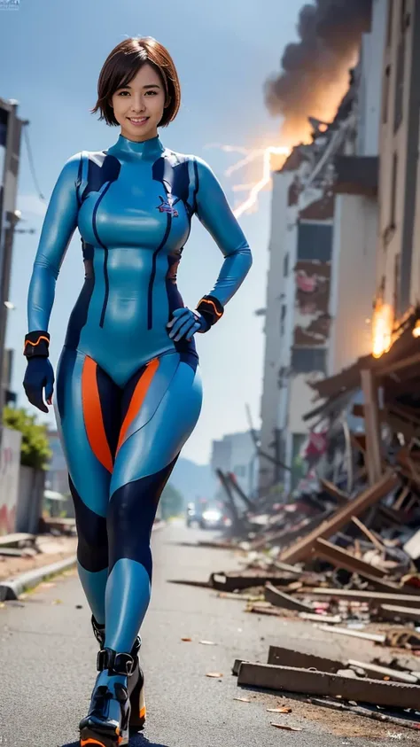 (8k, RAW photo, photorealistic, HQ, masterpiece), (whole body, full body), a cute Japanese girl,(glowing eyes), 
(smile), brown hair, fluffy Pixie Bob hair,large breasts, (curvy:1.3) , (zero suit, black and orange suit, black gloves, black high heels boots...