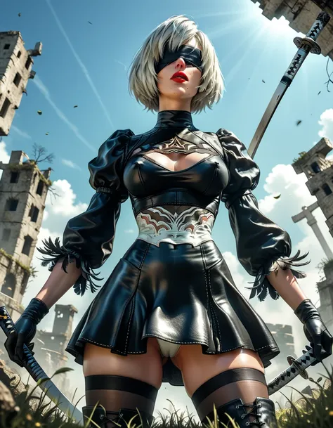 (2B), (Nier Automata 2B), solo, beautiful lips, crimson lipstick, short white hair, pale skin, black hairband, black blindfold, (black tomboy style skirt), high side slits in skirt, Black and white Leotard, black long sleeves, White and black gloves, black...