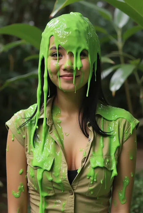 Cinematic photograph of Korean girl covered in green slime. Photorealistic. Glistening liquid. Green slime. Slime. Wet. Raw photo. Cute Korean girl. (Korean: 1.2). Korean woman. Wearing tan vest. Wearing safari outfit. Cleavage. Black hair. Inside jungle. ...