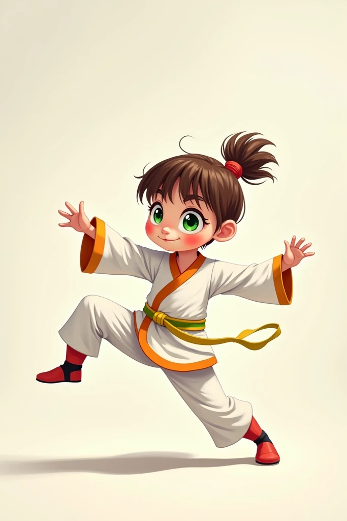 Create a cartoon image of a girl with brown hair with a small ponytail and green eyes doing VTF taekwondo with a yellow-green belt 