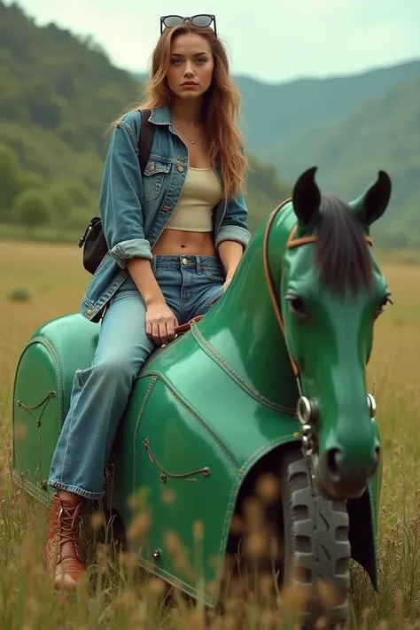 A 1990 woman sitting on a green saddle