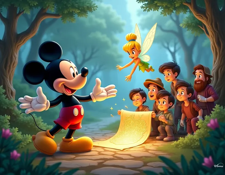 Mickey organizes the group while Tinkerbell appears with a shiny map