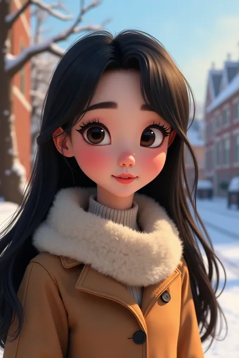 Pixar-style poster of a 29-year-old girl  ,  long straight black hair  , thick black eyebrows  ,  black eyes and long black eyelashes , Medium nose,  Thick lips, delgado, Winter clothing in beige and brown tones  