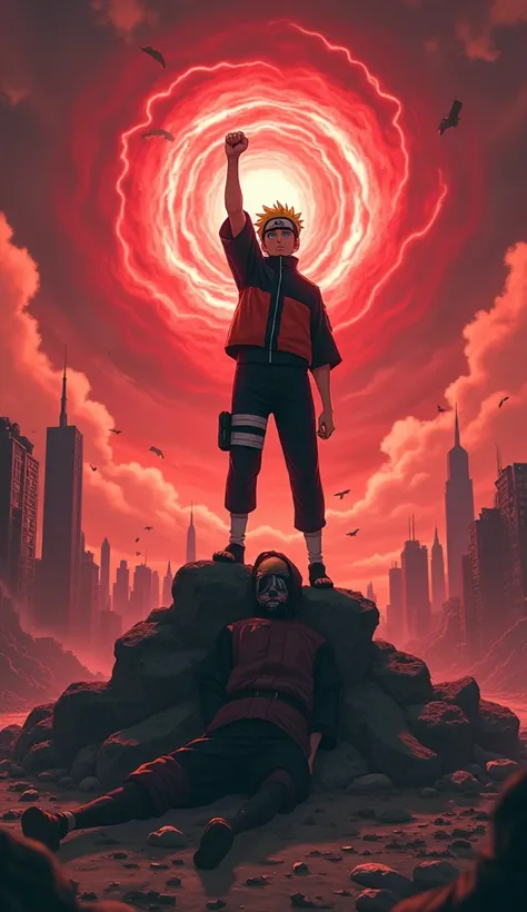 Amidst a ruined city, Naruto stands atop a subdued Shigaraki, his decayed surroundings a stark reminder of the battle’s intensity. Kurama’s chakra tendrils swirl ominously around Naruto, who raises his fist in triumph against the crimson sky."
Winner: Naru...