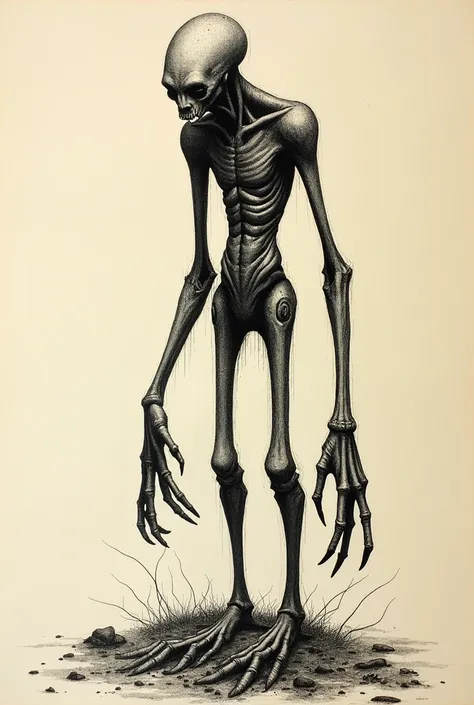 Make a xylograph illustration of a humanoid creature with long arms and short legs 