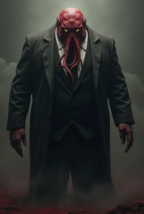 Cthulhu with a reddish-black head,Six eyes,wearing a suit,solo,male, top quality