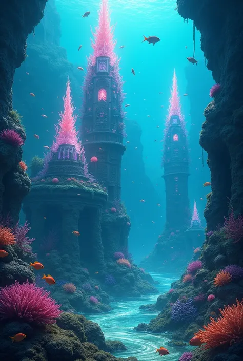 Prompt: "A mystical underwater city with glowing coral towers and colorful marine life swimming amidst the ruins."