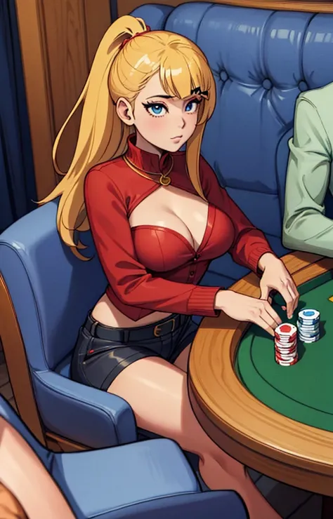 an ((amine art: 1.5)), Highly detailed, High Quality, Masterpiece, beautiful, PlayingCards, girl, solo, holding, card, table, holding card, sitting, indoors, playing card, across table, closed mouth, looking at front, white background, necklace, millennium...