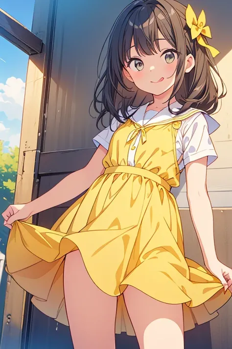 A girl of elementary school age is wearing a yellow dress and sticking her tongue out.