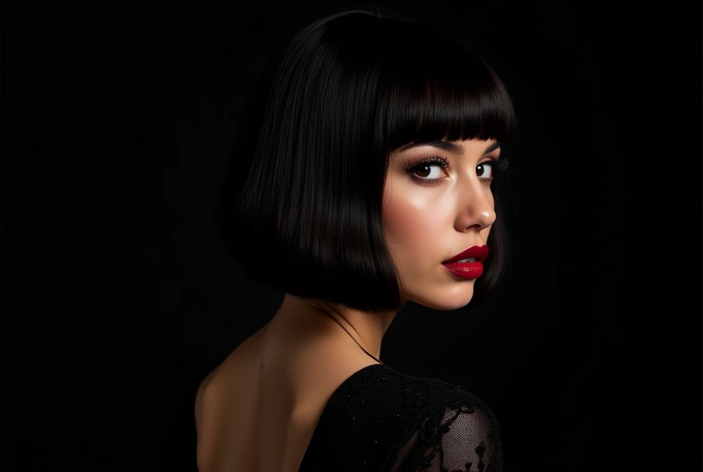 a beautiful woman with her back half way to us, square bob cut hairstyle long bangs, high sheen skinny-fit clothing that catch and redirect light, detailed face, intricate hairstyle, high contrast lighting, moody atmosphere, dramatic lighting, cinematic co...