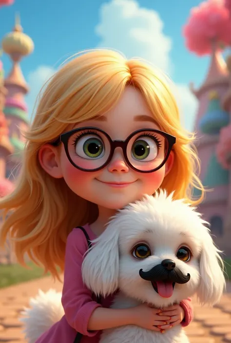 Blonde girl in glasses with white dog shih tzu black mustache on Disney movie poster pt "kawuś "