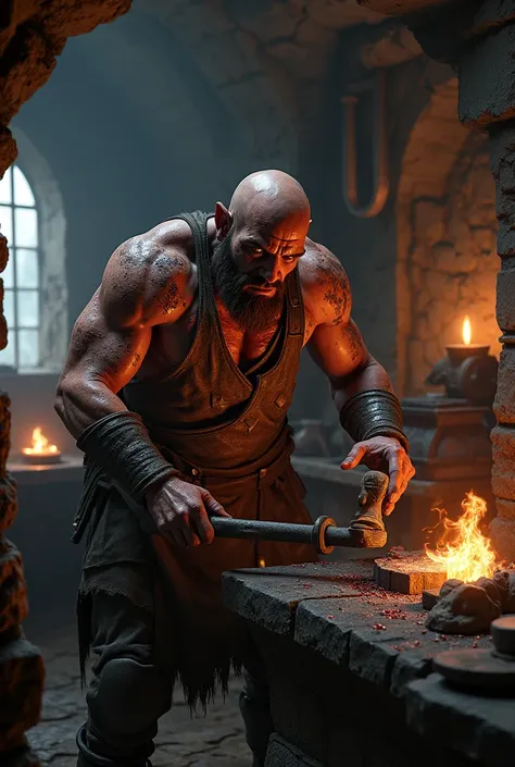 Dirty and bloodied human with an evil appearance and a dungeon-style blacksmiths job for a 3d video game