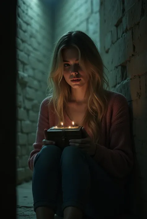 A dimly lit basement, where a cold and eerie silence prevailed. There sat a beautiful young woman holding a box in her hands, her golden hair shimmering even in the darkness. She wore a pink rose-colored sweater and jeans.

