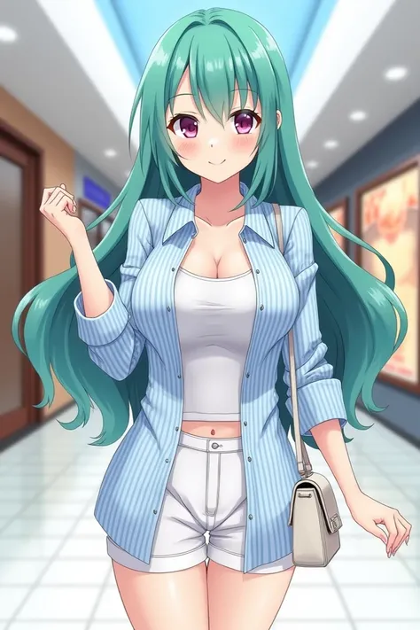 
"Anime, a woman with long teal-colored hair in a Hershey hairstyle and magenta eyes. She has a curvy and busty body, wearing a light blue shirt with white vertical stripes from top to bottom, a white tank top, white hot short pants, and a small white purs...