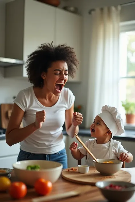  Scene with a Brazilian woman in a t-shirt looking desperate , foolish screaming ,  but with a funny tone , comic.  surrounded by utensils and ingredients and bowls with baby food ,  in a modern kitchen with minimalist design and a large window illuminatin...