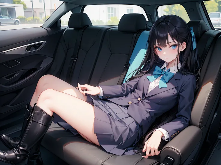    High school students   ， already, Black Hair ， With warm blue eyes   ， Wore a brand new blue suit and black boots ，  Pure white collar and bright green bow  。 has long Black Hair and warm blue eyes ， Lean back in the car seat ，  Pose Alluring , spread l...