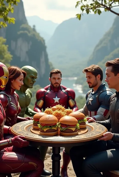 Create a hyper relastic image of The Avengers all characters eating burger on a plate at a beautiful place 
16k UHD 
