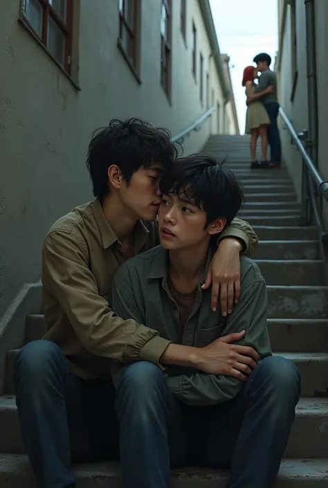 Draw two adult men in their 20s sitting on the stairs, one crying and the other comforting him,In the distance you can see a couple . A red-haired blue-eyed girl hugging a black-haired boy .Let it be from left to right 