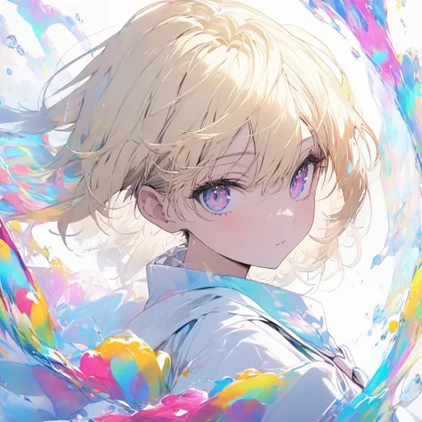 (masterpiece,  top quality),  staring at viewers,  ((One blonde girl)),Alone,  white background ,  Floating Colorful Water,  is wearing a high school uniform