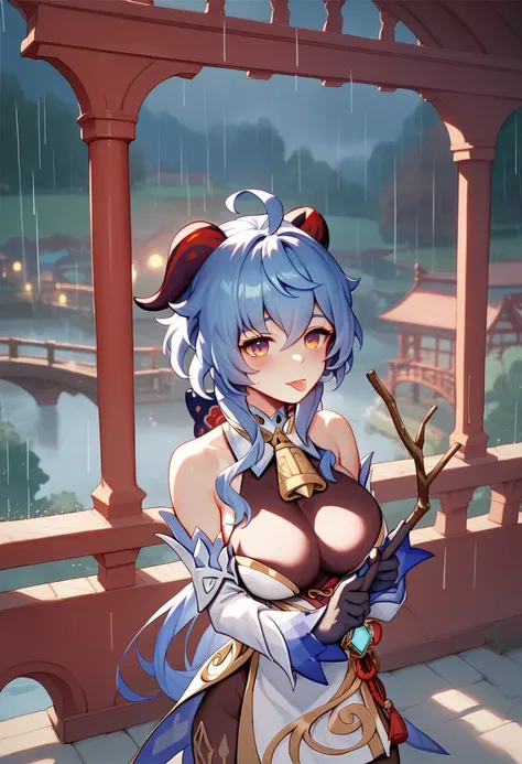 Radiant Skin，Solitary，Genshin Impact，Ganyu，An anime girl，blush，Stick out your tongue，Finger，Blue Hair，Red corner，Big breasts，Golden Eyes，full body，Rainy Day，Bridge with roof