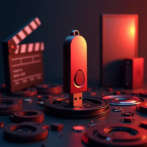 A big pendrive surrounded by multiple movie elements such as a film reel, directors clapboard, and a movie poster, blu-ray, dvd in the background. Use a futuristic color scheme with tones of red, and black to emphasize the transition from DVDs and Blu-rays...