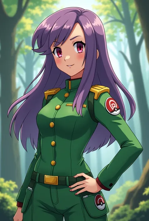 Personnage féminin avec les cheveux long violet, les yeux rose-rougé, avec une tenue verte semblable à la team rocket, avec des accessoires en forme de pokeball et la lettre "P" en logo aventurière dresseur de pokemon