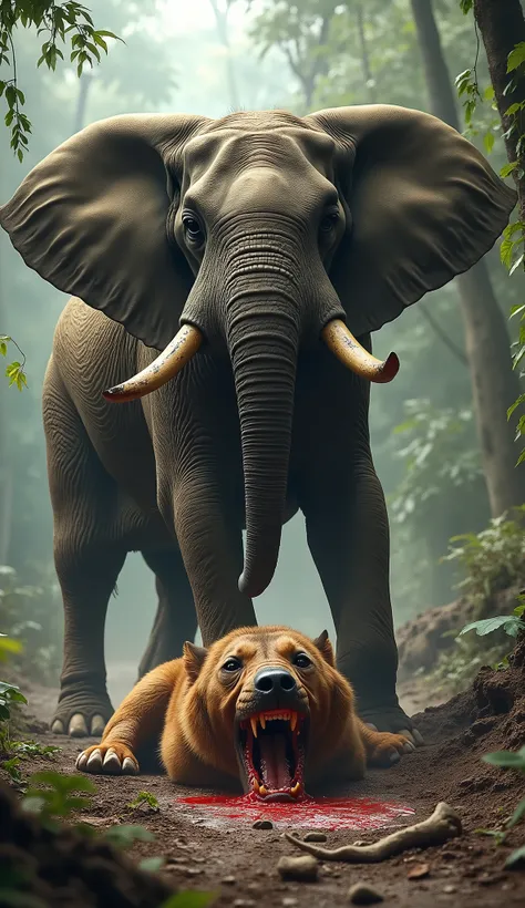 A dead Kangal is lying on the ground Both are Jungle adventure bleeding from their mouths and angry mood Elephant is standing with one foot on top of the angry mood Elephant size bigger then Kangal.