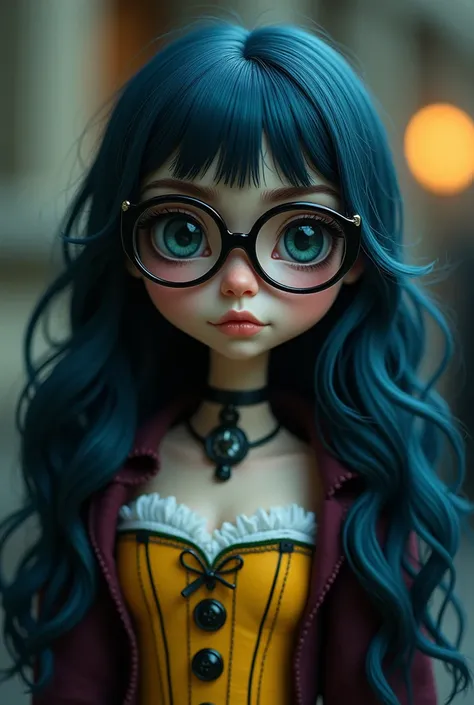  A woman with long, slightly wavy dark blue hair, wearing a yellow corset and a burgundy skirt , With the black button-shaped glasses of Tim Burtons character Coraline