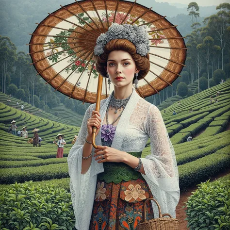 Beautiful Dutch Indies woman with a Tasik Malaya Paper Umbrella in a tea plantation