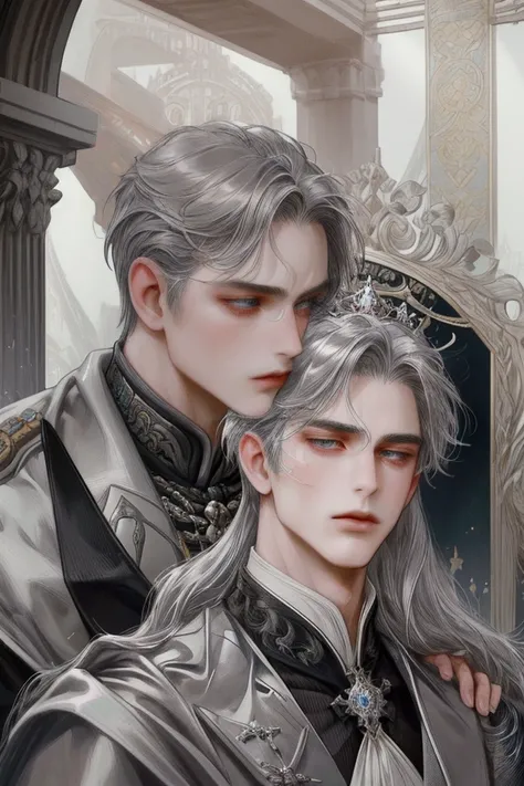 (masterpiece),( very detailed ) ,( Very detailed), ( beautiful face ), ( perfect face ),  gray hair , Long hair, Walleye,  innocent,Sick face , Board shoulder,  wearing a European-style prince suit,  romance fantasy , 20s, male, Alone, Imperial Palace back...