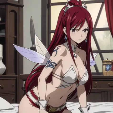 Erza Scarlet (Fairy Tail),Solo, 1girl, Masterpiece, High Resolution, Best Quality, Super Detailed, Sharp Focus, Full Body, Scarlet Hair, Large breasts, Diamond-shape Silver Earrings, Brown Eyes, Long Hair, Slender, Voluptuous Figure, Fairy Tail Mark Tattoo...