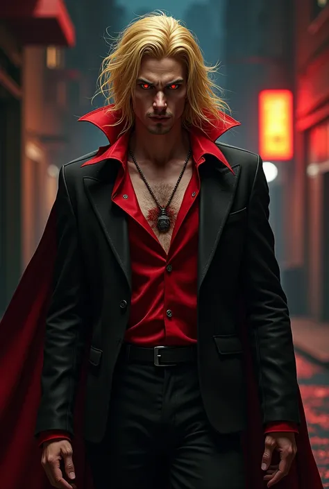 male vampire realistic style long yellow hair up red eye red dress t-shirt red dress shirt black pants with a cut on the chest covered in blood on the street at night 