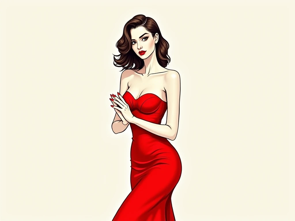 With shoulder-length hair, red Mid-thigh dress , A cool woman with red lipstick, She with folded hands  ,simple  drawing , A sarcastic smile , look A model being photographed