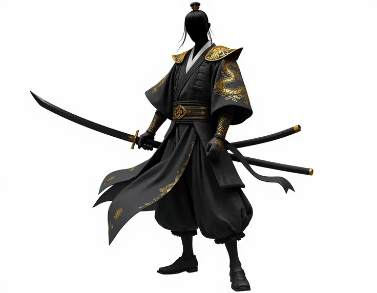 esapdachin full body , HD,  kendogi black and white ,  golden dragon in the details ,  black sword with gold ,  traditional samurai shoes, fondo blanco 