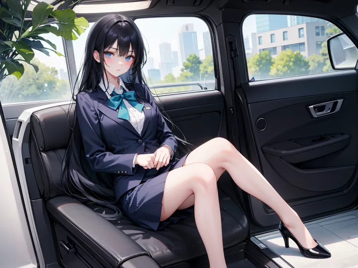    High school students   ， already, Black Hair ， With warm blue eyes   ， Wore a brand new blue suit and black heels ，  Pure white collar and bright green bow  。 has long Black Hair and warm blue eyes ， Lean back in the car seat ，  Pose Alluring , spread l...