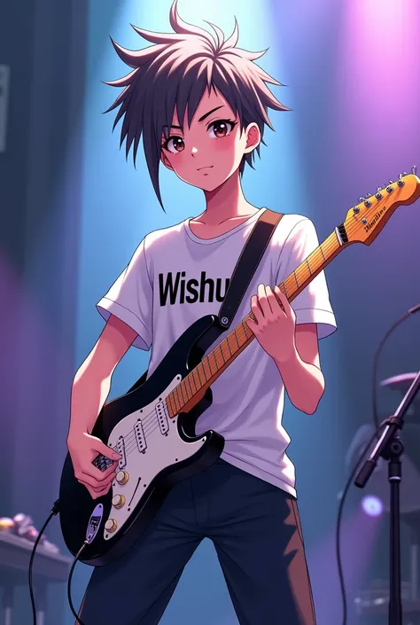 A very short hair tomboy singer holding a guitar and his shirt write a name as WISHU anime version