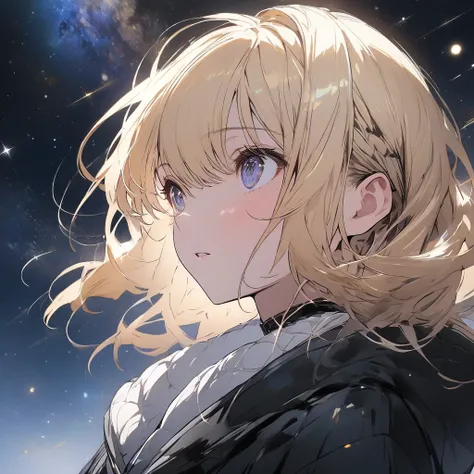 (masterpiece,  top quality),  looking up at the sky,  ((One blonde girl)),Alone, Starry sky background,  wearing a black coat 