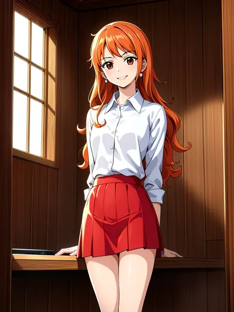   Masterpiece  , (( Super Detailed Background , Delicate pattern,  complex details)), ( high definition,  details),  top quality,  beautiful lighting arranged in an orderly manner, (( medium chest ,  Slim Girl )), Nami Final, (( white shirt,  red skirt )),...