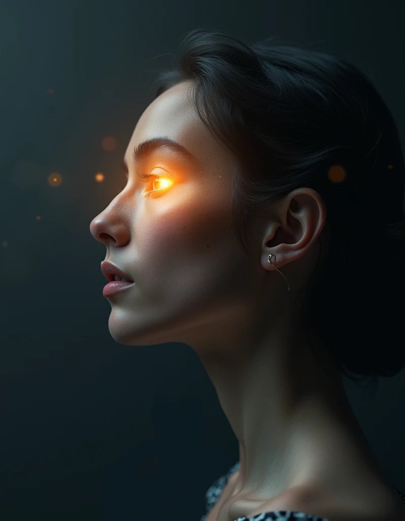  Woman with a face in profile ,  looking at the Third Eye Chakra,  dark background, Brilliant Chakra 