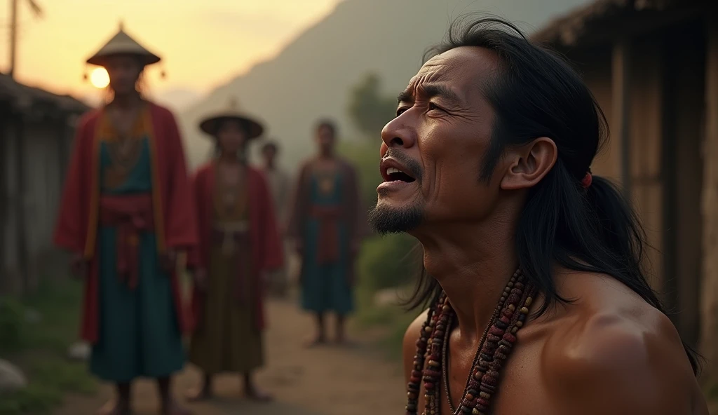 A mid-shot of Nokseng, a middle-aged Tibeto-Burman man with Mongoloid features, kneeling down in a traditional Garo village. His face is filled with deep sorrow, tears streaming down his cheeks as he looks up to the sky, crying out in grief. His strong fea...