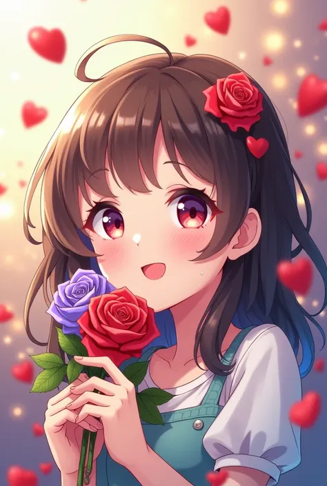 Make an cartoon illustration of-  a Cute anime face Kawai   , A rose bukey with roses of red, violet & blue on her hand. She watching the flowers with a surprising smile & rose Patels are falling from up. 