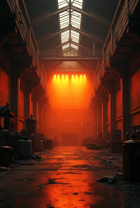 interior of a industrial warehouse, ORANGE WALL, DARK ENVIROMENT