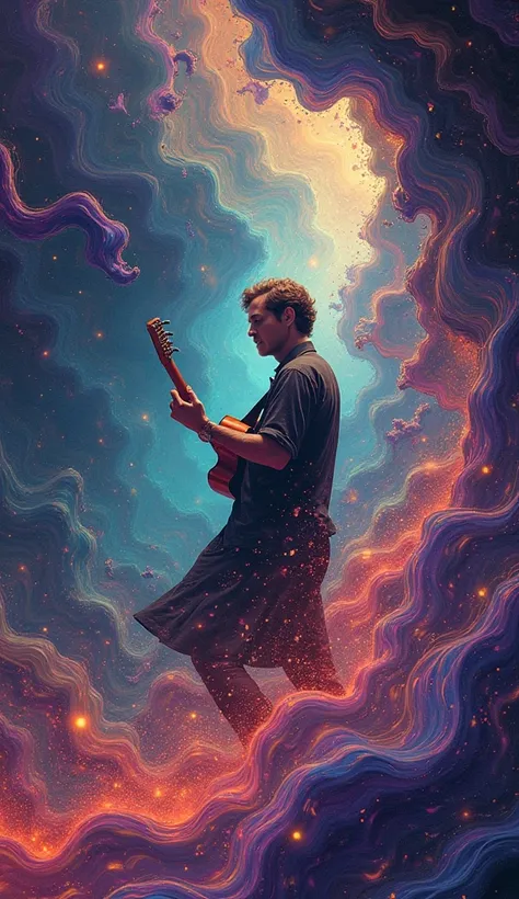 This male musician is in a trance in a psychedelic atmosphere 