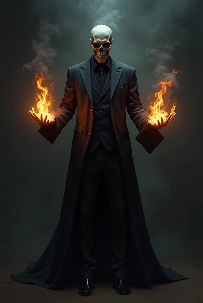 A person in a black suit with a black background and with fire holding a black bible and who has a skull and that everything looks dark