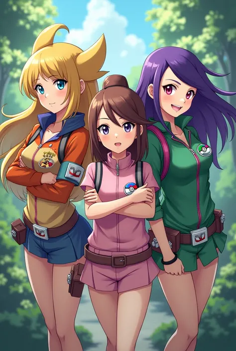 3 personnages féminins 
1 : couleur or avec plusieurs nuance 
2 : couleur rose avec cheveux châtains 
3 : cheveux violet yeux rouge-rose tenue verte 
Les 3 avec des accessoires Pokéball et un logo avec la lettre P sur leur tenues à toutes
Aventurières 